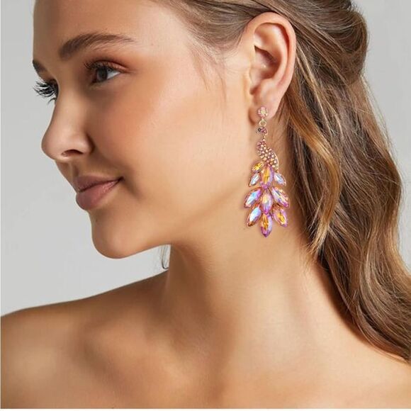 Yellow Gold and Pink Iridescent AB Austrian Crystal Peacock Chandelier Earrings - Picture 4 of 5